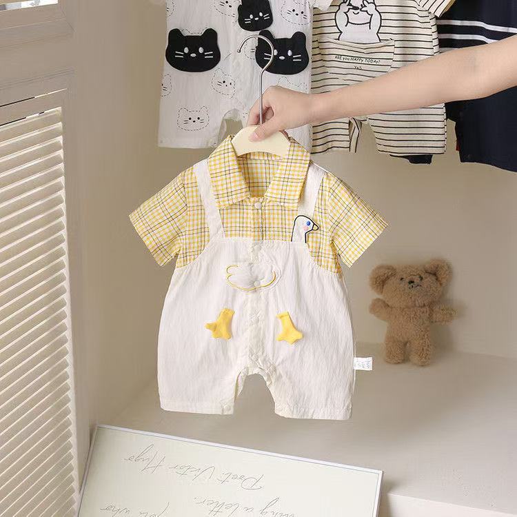 夏季宝宝休闲假两件背带裤爬服婴幼儿薄款卡通可爱格子衬衫连体衣