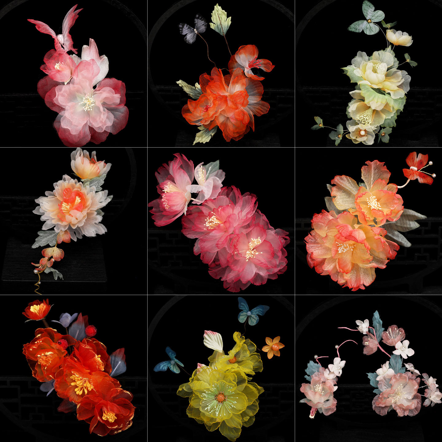 Ancient-style thin silk gauze hair accessory with embossed flowers, Hanfu fairy-like gradient floral side clip, ethereal ancient-style updo versatile headpiece