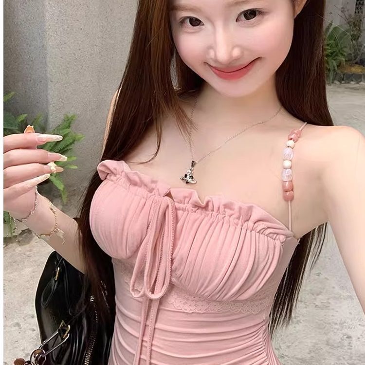 Sexy Pink Lace Camisole for Women, Summer Outerwear, Vacation Style, Slim Fit Tube Top, Heavy-Duty Straps