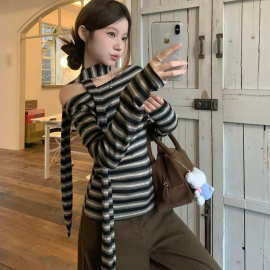 扭结假两件长袖T恤女浅灰色上衣爆款多巴胺秋季漂亮波点花边小众