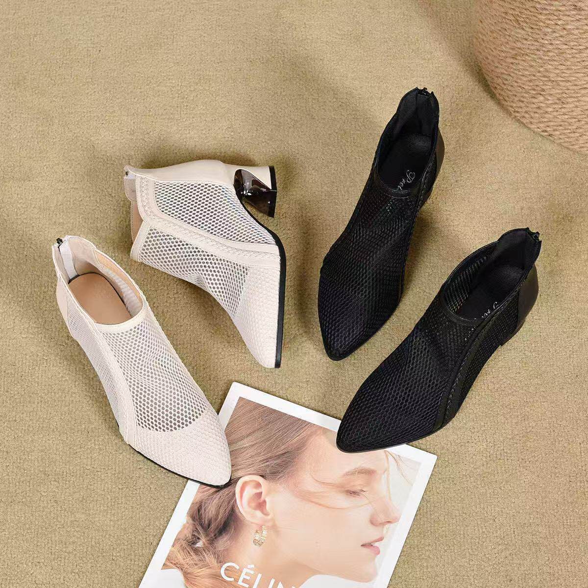 Sandal nữ mũi nhọn quai ngang gót vuông 7 cm lưới thoáng khí — màu be chi tiết 9