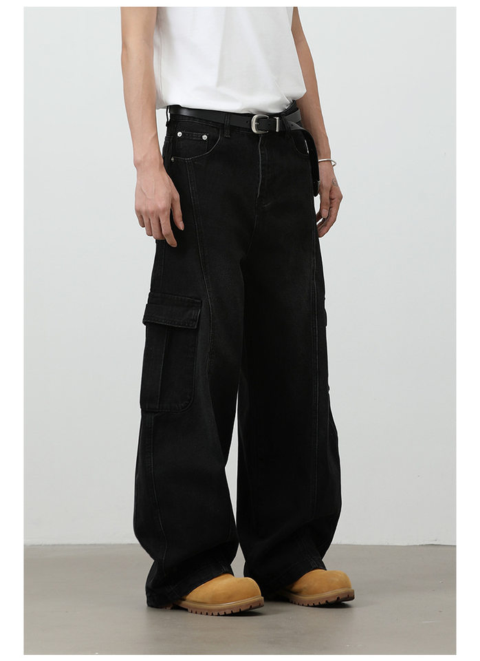 Quần jean nam ống rộng baggy phong cách retro Mỹ, nhiều túi khóa kéo, lưng giữa eo — màu xám đen chi tiết 16
