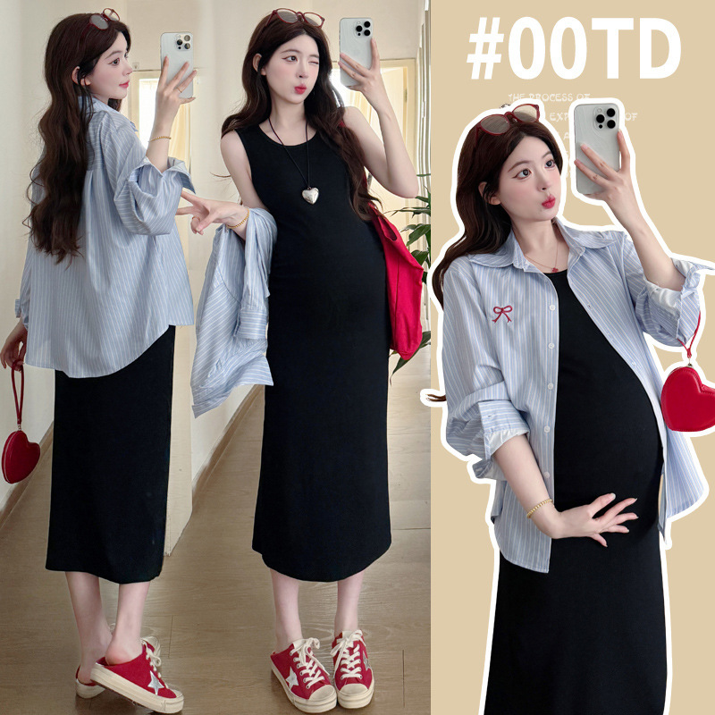 Maternity Wear Fashionable Korean Style Pleated Versatile Stretch Vest Dress + Solid Color Cotton Versatile Shirt Two-Piece Set