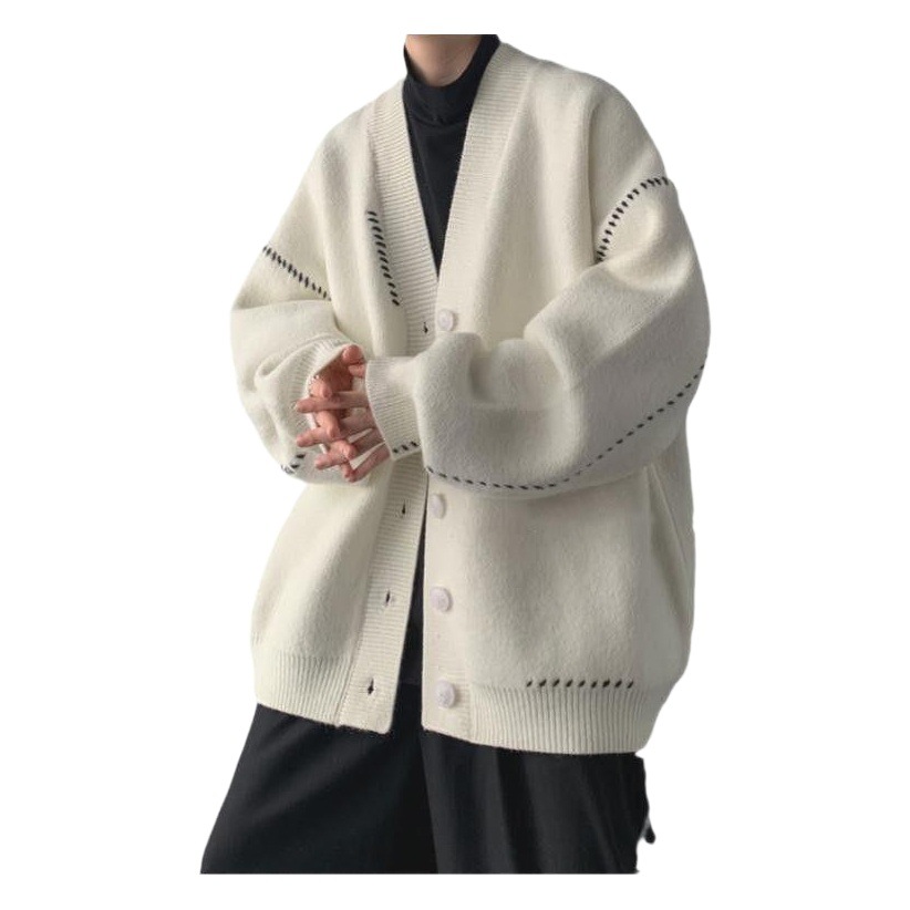 Suéter japonés abrigo de los hombres sueltos retro perezoso suéter Otoño e Invierno engrosada moda ins pareja cardigan cuello en V de punto
