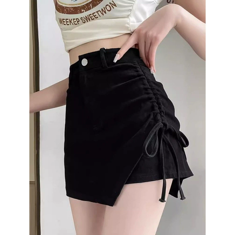 Летняя черная короткая юбка для девушек 2025 года, женская утягивающая плиссированная юбка с высокой талией, асимметричная юбка-трапеция, закрывающая бедра, модные брюки в стиле ins