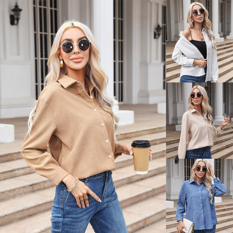 Cross-Border European and American Foreign Trade Women's Clothing Amazon 2026 Spring and Autumn New Corduroy Casual Loose Long-Sleeved Shirt Top