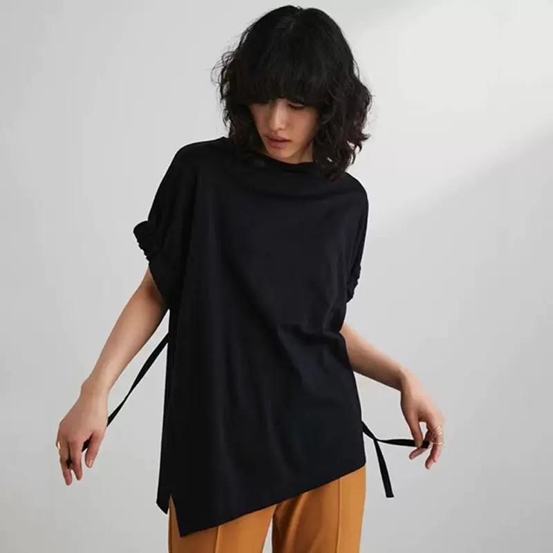夏季新款潮流女上衣宽松侧面开叉系带松紧短袖纯棉T恤纯色套头款