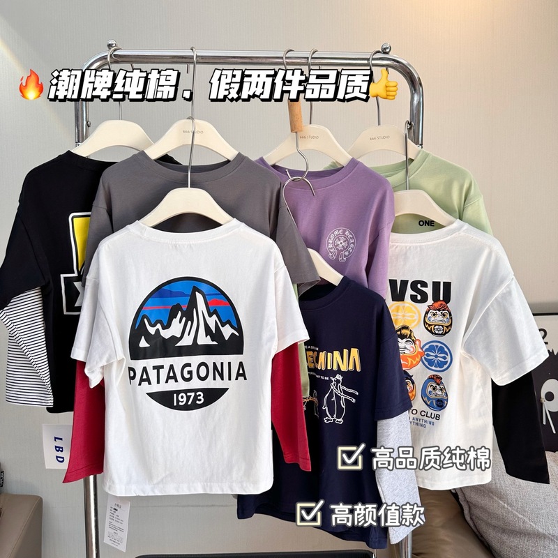男女童长袖Ｔ恤秋2025韩版中大童大印花假两件儿童秋季潮卡通印花|undefined