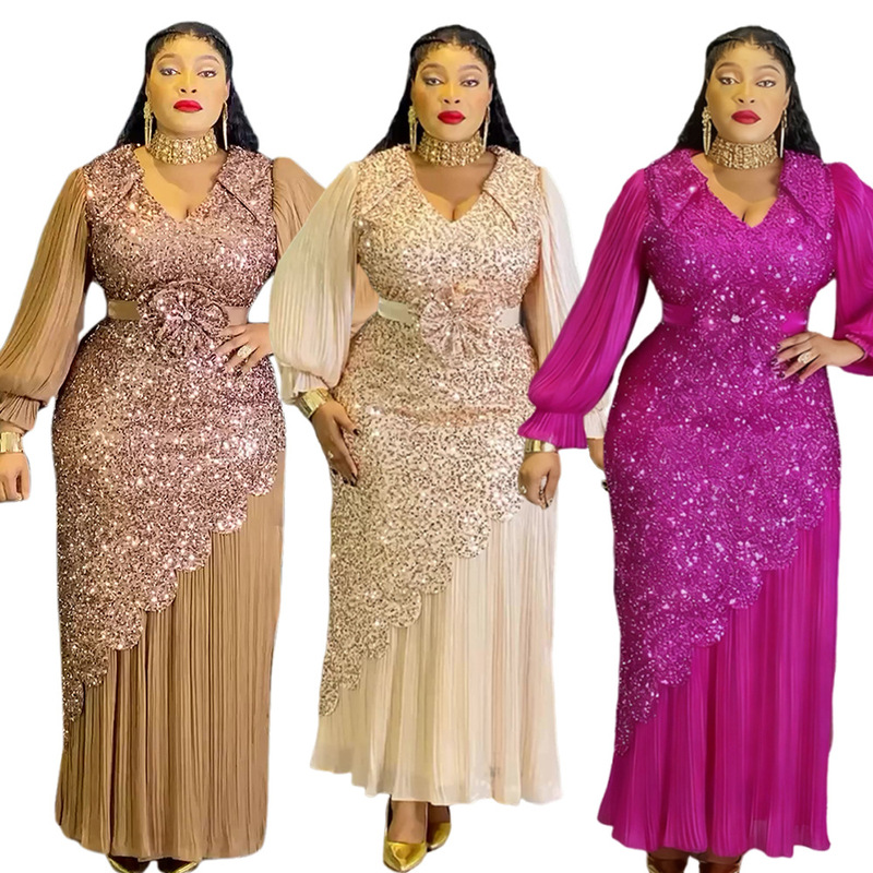 Cross-Border African Plus Size Women's V-Neck Long-Sleeved European and American Export Slim Hip Skirt Party Party Elegant Dress Skirt Cross-Border African Plus Size Women's V-Neck Long-Sleeved European and American Export Slim Hip Skirt Party Party Elegant Dress Skirt