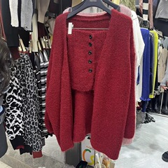 韩系慵懒风毛衣外套女秋季抹胸背心两件套超好看宽松针织开衫上衣