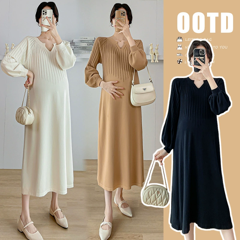 Трикотажное платье для осенних и зимних колен женское тонкое тонкое с нижней юбкой средней длиной сплошной цвет платье для беременных