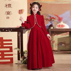女童冬装公主裙中大童秋冬新款假两件简约甜美休闲连衣长裙新年服