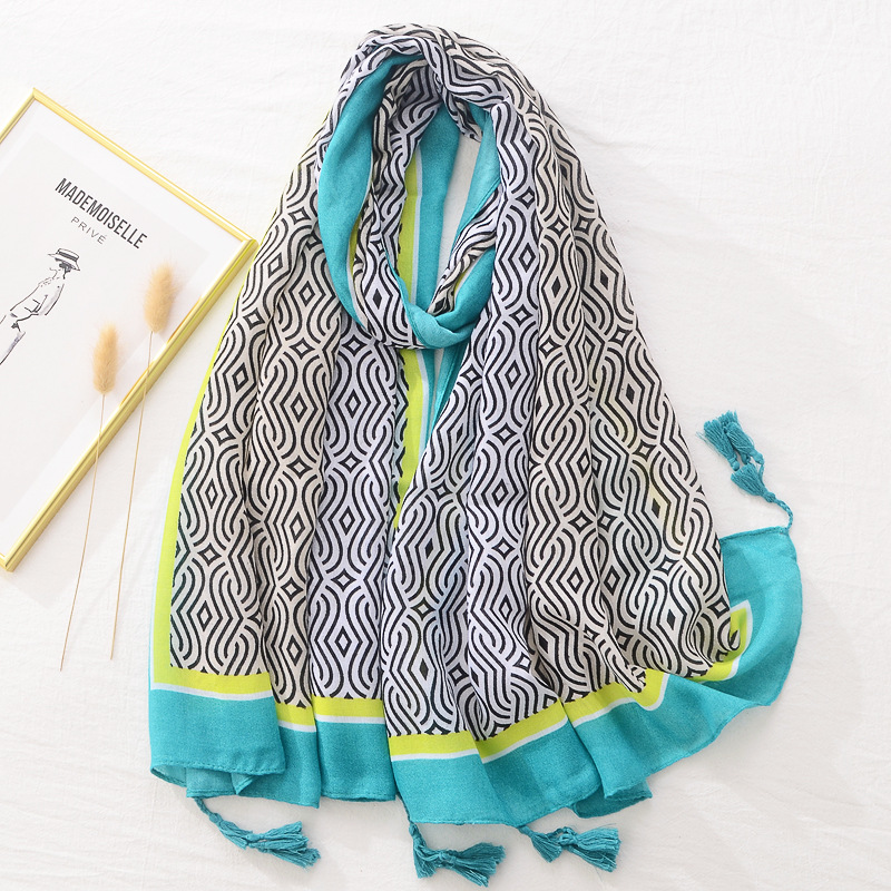Amazon transfronterizo Primavera fina bufanda de seda de las mujeres del todo fósforo chal de viaje patrón geométrico cáñamo algodón y lino sensación bufanda