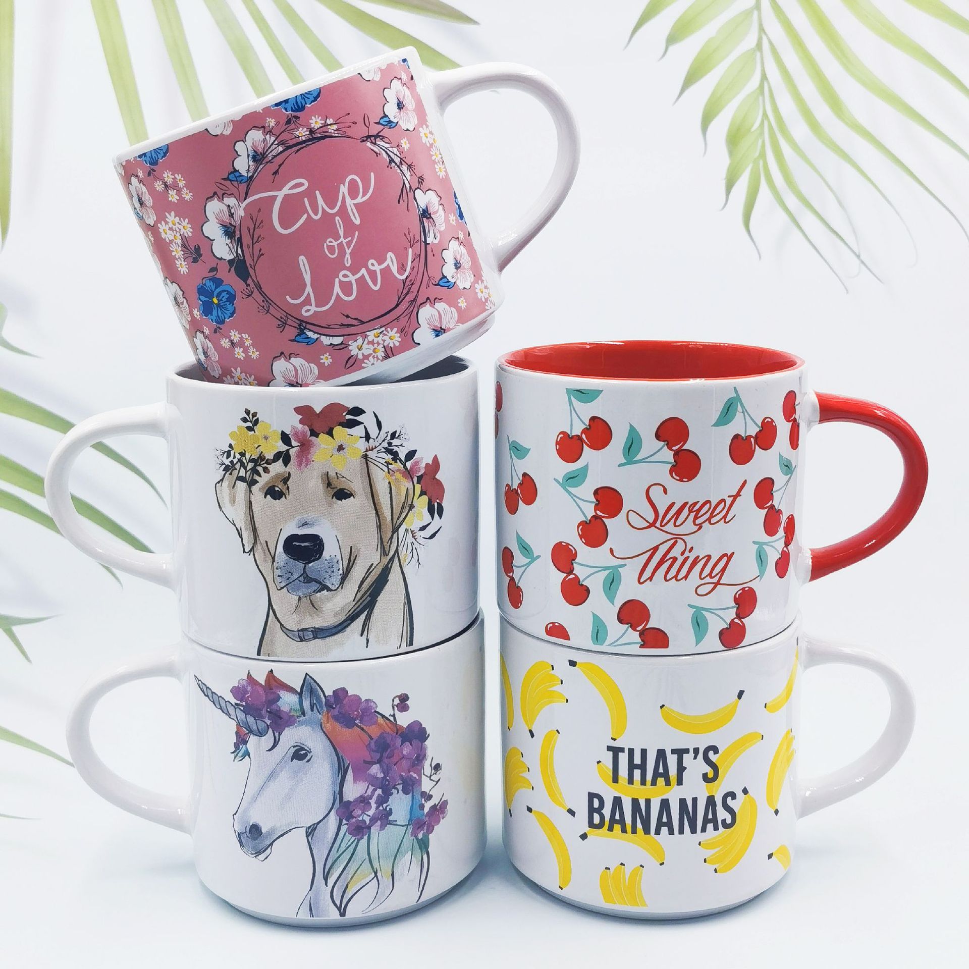 15oz陶瓷罗叠杯定制logo创意贴花马克杯可爱动物独角兽陶瓷杯礼品