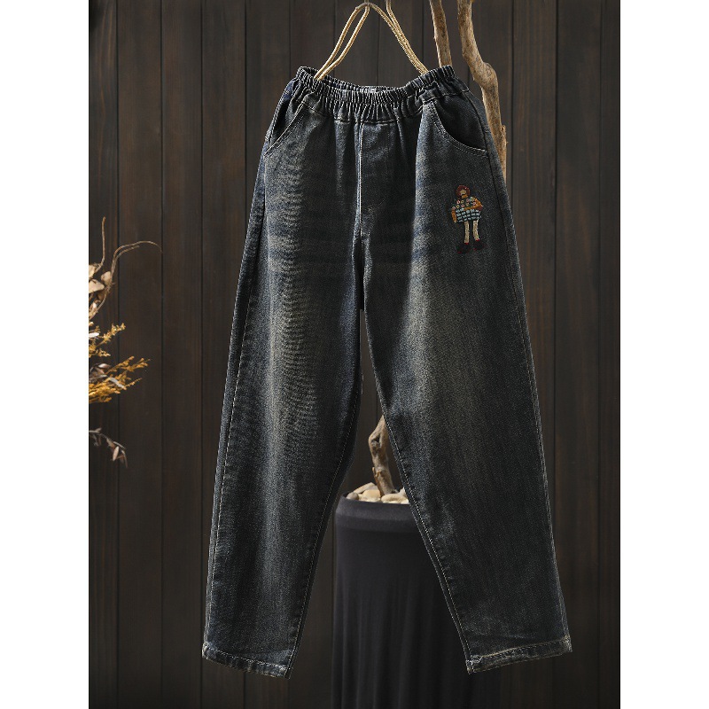 时尚卡通女孩刺绣全棉牛仔裤2025秋季新款韩版宽松显瘦哈伦裤长裤
