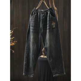 时尚卡通女孩刺绣全棉牛仔裤2025秋季新款韩版宽松显瘦哈伦裤长裤