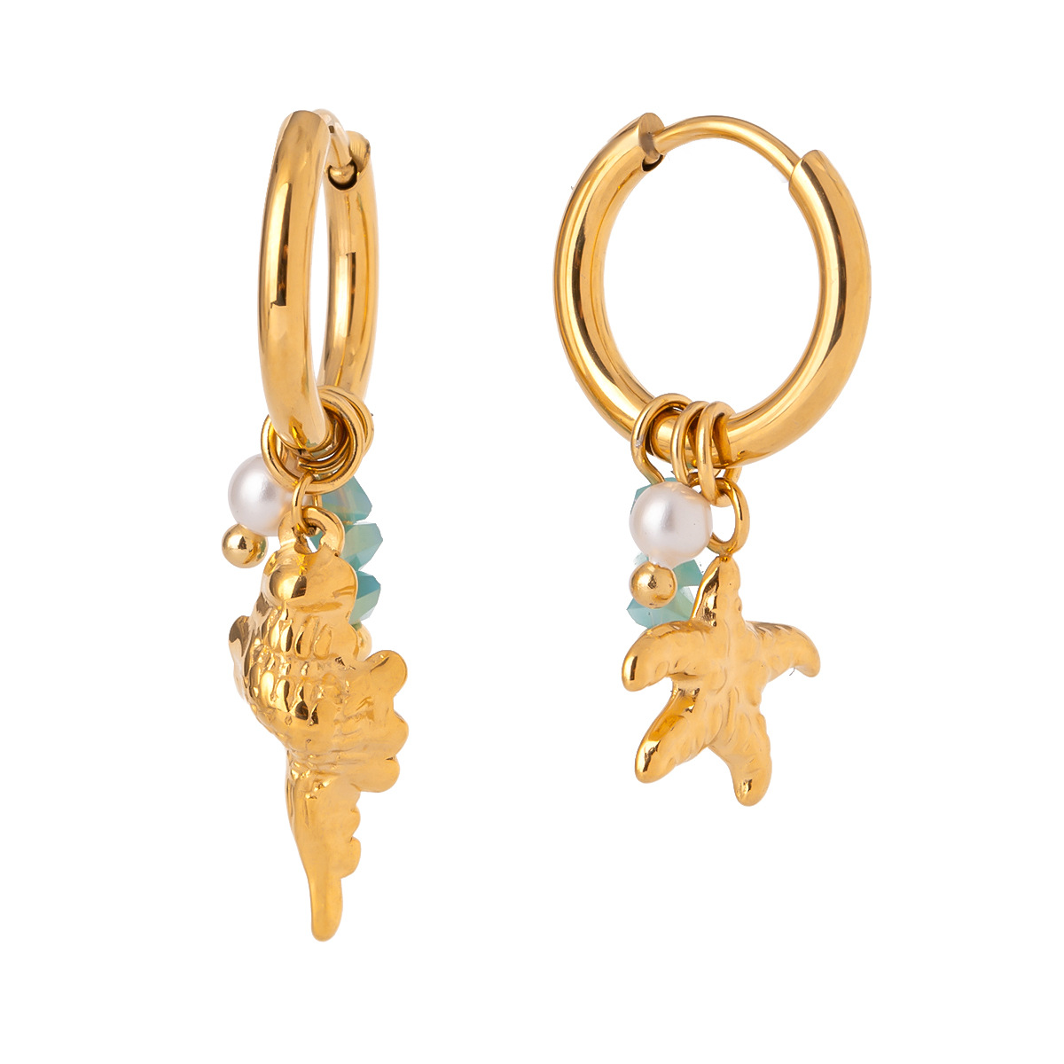 Wanxing Europa y los Estados Unidos de perlas de piedra triturada estrella de mar colgante de rosca de aretes de estilo marino estilo universal aretes de acero inoxidable transfronterizos