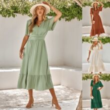 eBay独立站2024休闲欧美女装夏季新款V领荷叶袖纯色连衣长裙女