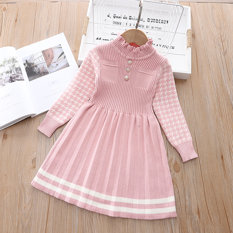 Herbst- und Winter-Set aus Wolle im englischen Stil für Mädchen im Alter von 1 bis 6 Jahren, gestricktes Prinzessinnenkleid mit Tausend-Vogel-Karomuster_voghion.com