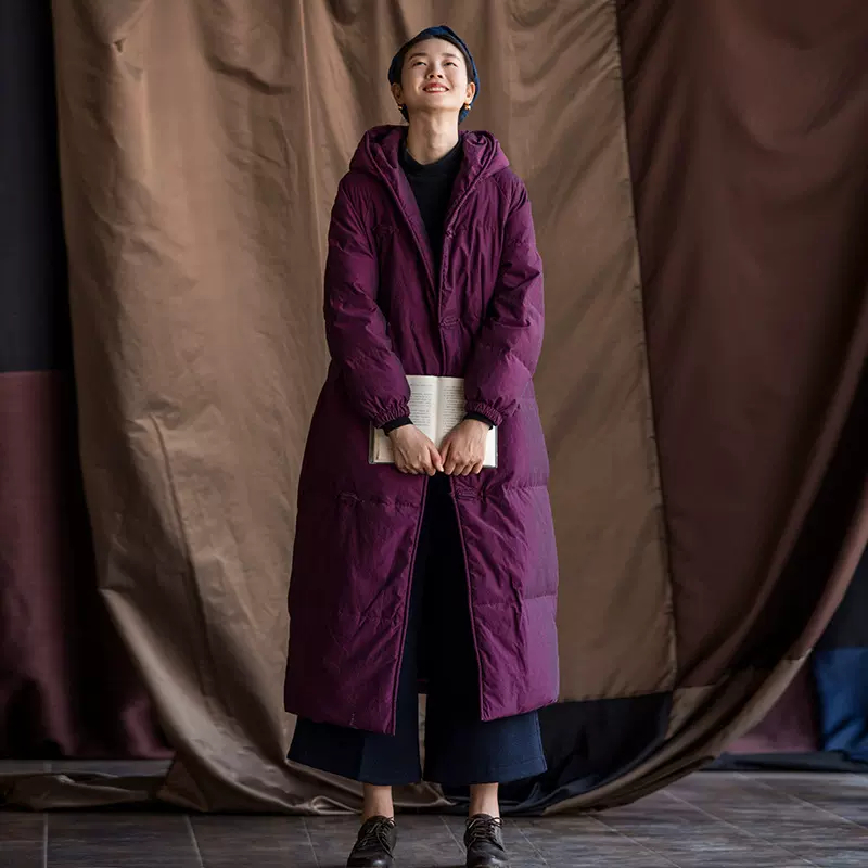 冬季新品复古中国风女装 加厚白鹅绒中长款连帽盘扣文艺羽绒服女