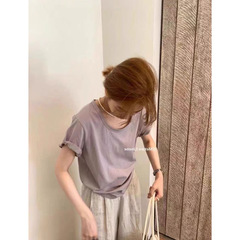 韓国版紫u襟ラミー麻半袖tシャツ女性の夏のゆったりとしたカジュアルで怠惰な風の大きい襟元の肩のtシャツの上着