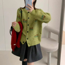 春秋新款复古提花圆领毛衣外套女韩系宽松慵懒风软糯针织开衫上衣