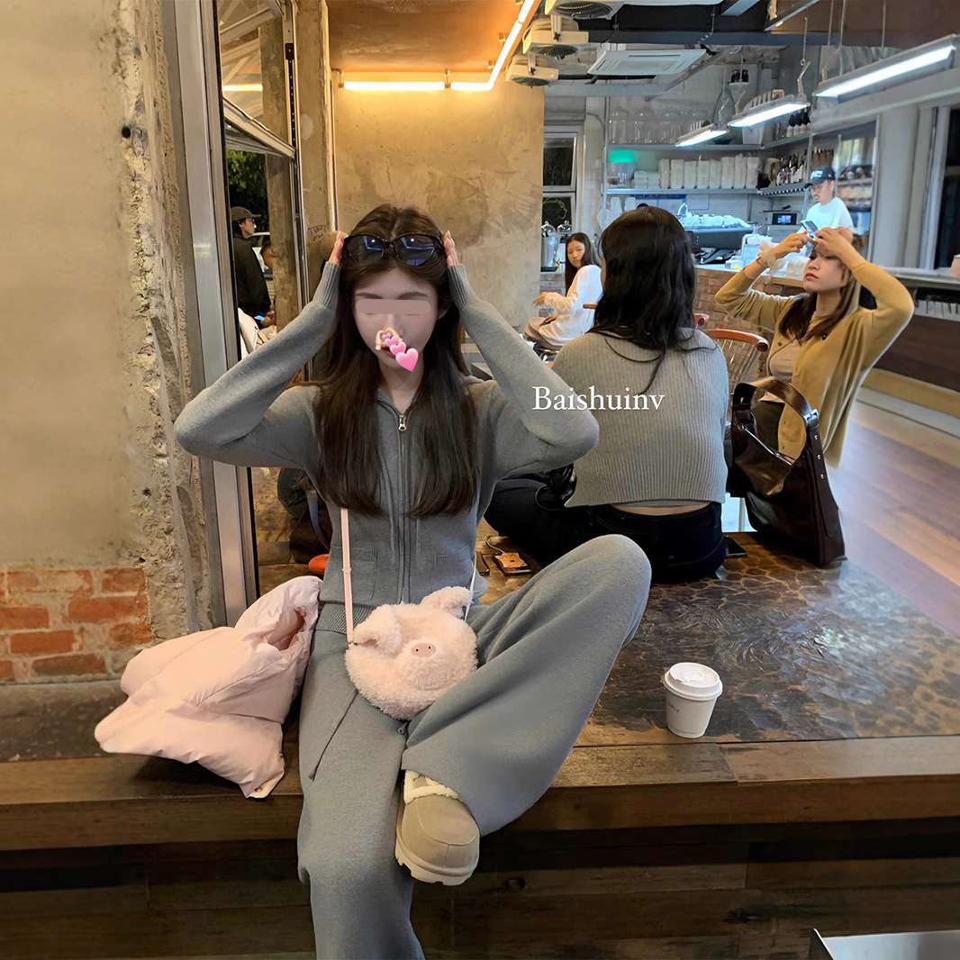 화이트 워터 케이티 휴일 후드 스웨터 카디건 기모 캐주얼 바지 따뜻한 캐주얼 니트 세트 여성 가을 겨울