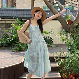 度假海边拍照长裙日系甜美小清新显瘦格子背心吊带连衣裙子女夏季