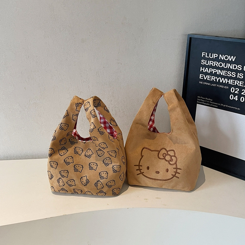 Autumn and Winter New Cute Kitty Suede with Retro Red Plaid Handbag Portable Small Vegetable Basket Wrist Bag Autumn and Winter New Cute Kitty Suede with Retro Red Plaid Handbag Portable Small Vegetable Basket Wrist Bag