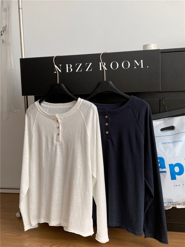 65% Hemp Cotton Simple Casual Long-Sleeved T-Shirt Women's Lazy Loose Henley Collar Button-Down Shirt Trendy 2025 Autumn