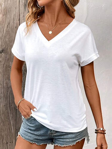 Cross-border European and American women's upper garment V-neck short-sleeve AliExpress Amazon solid color elegant solid color V-neck T-shirt white polyester
