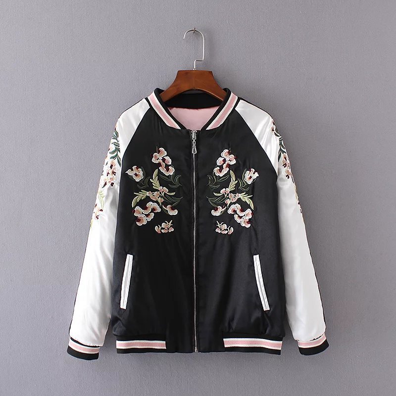 Long-term Spot Jacket Coat European and American Women's Flower Embroidered Jacket Two-sided Baseball Suit Women's Satin Jacket