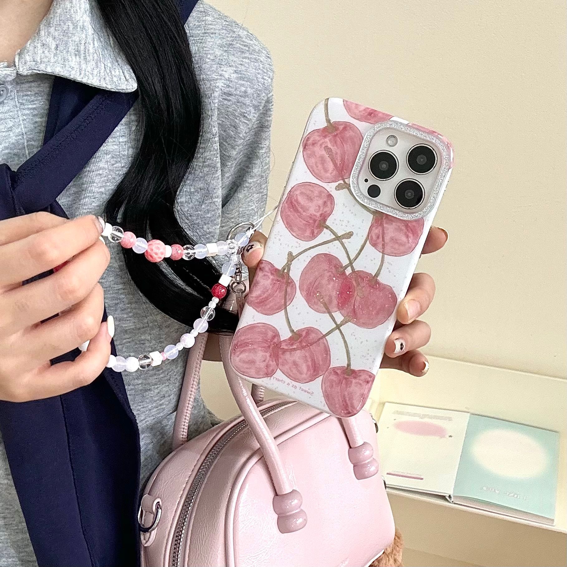 Verano pintura al óleo hueca brillo cereza apple 16ProMax funda para teléfono móvil 15Pro cadena 14/13 nuevo 16