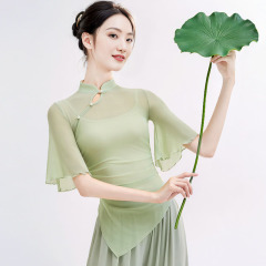 2025 女性の新しい夏の古典的なダンスの服エレガントなガーゼボディ韻練習服中国の妖精メッシュトップ女性のための