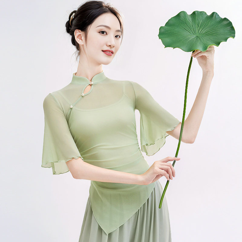 Classical Dance Top, Flowing Gauze Practice Outfit, Ethnic Dance, Chinese Dance, Ethereal Training Attire, Short-Sleeve Qipao for Women