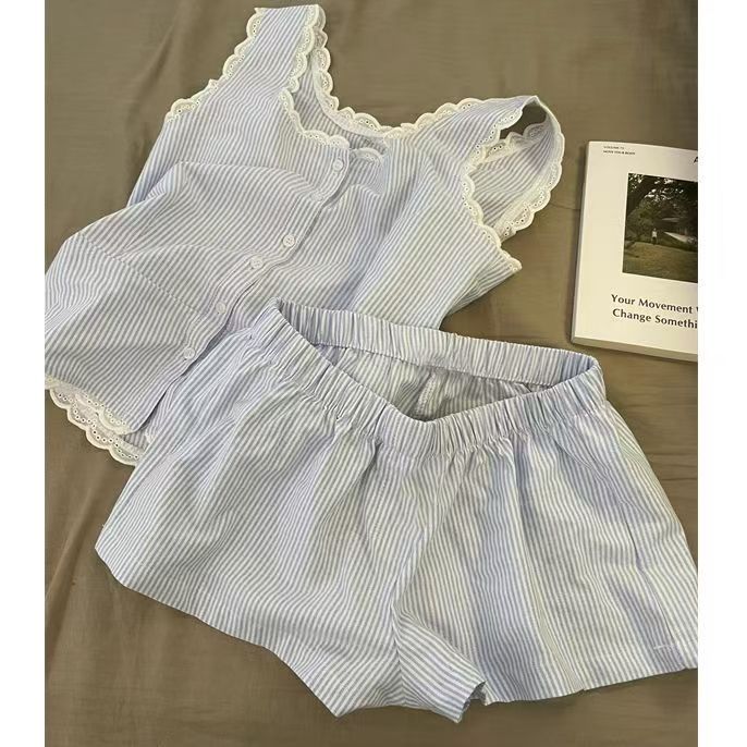 おしゃれなシンプルスタイルのストライプパジャマ、女性用夏用サスペンダーショーツ、ホームウェアとしても着用可能、ツーピース美少女スーツ