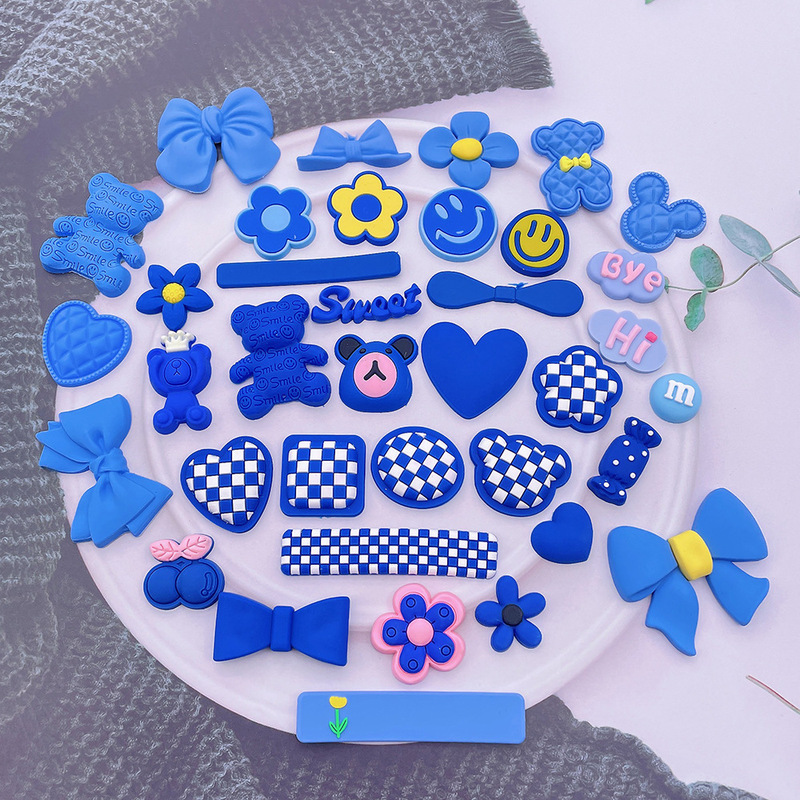 New Klein blue soft rubber accessories sapphire blue checkerboard Plaid Smiley bear bow lake blue flower imitation resin accessories