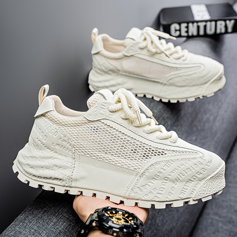 Zapatos de hombre de estación europea, malla de verano, zapatos de red huecos transpirables, zapatos deportivos para correr casuales, zapatos de moda de papá blanco pequeño de suela gruesa