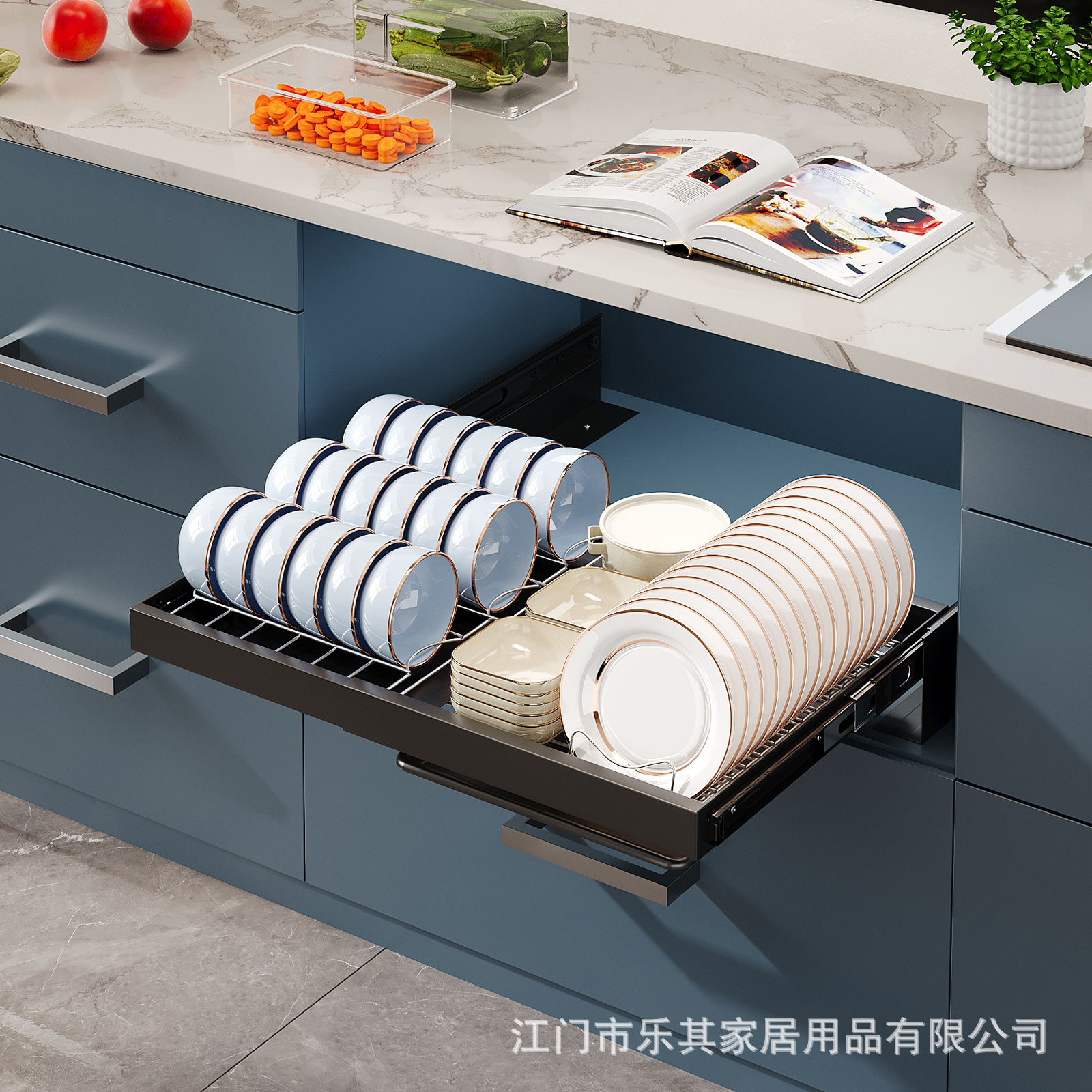 Platos de acero inoxidable bandeja de almacenamiento de platos gabinete de cocina estante incorporado tipo cajón canasta de tracción retráctil de tracción de drenaje