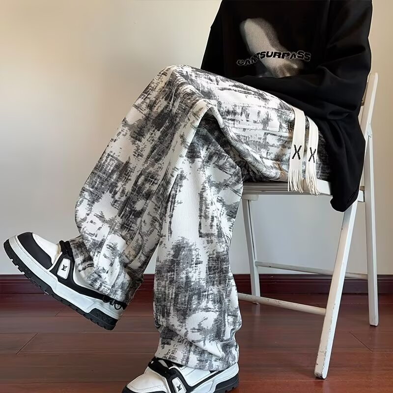 男士秋冬美式高街扎染休闲长裤男时尚百搭潮流运动舒适加绒直筒裤|undefined