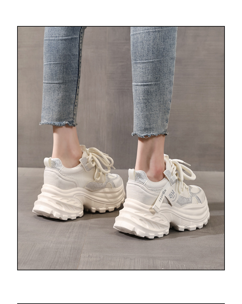 Giày sneaker nữ chunky đế dày lưới thoáng khí đính đá rhinestone — màu be chi tiết 16