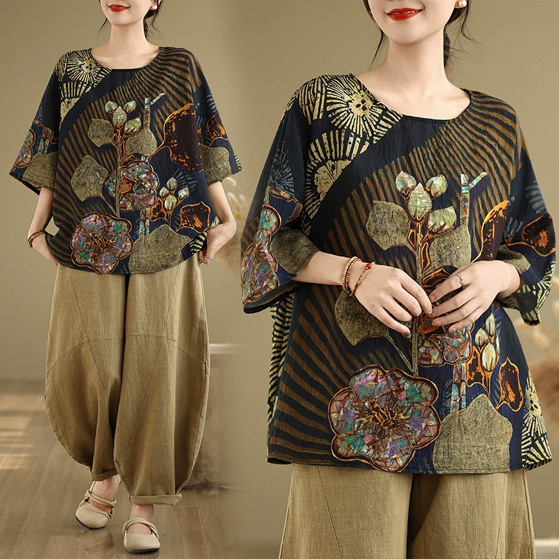 На самом деле стреляй в 2025 году, новый летний хлопок, национальный ветер, летучая мышь рукава, свободная футболка большого размера с круглым вырезом, женская 91868 #