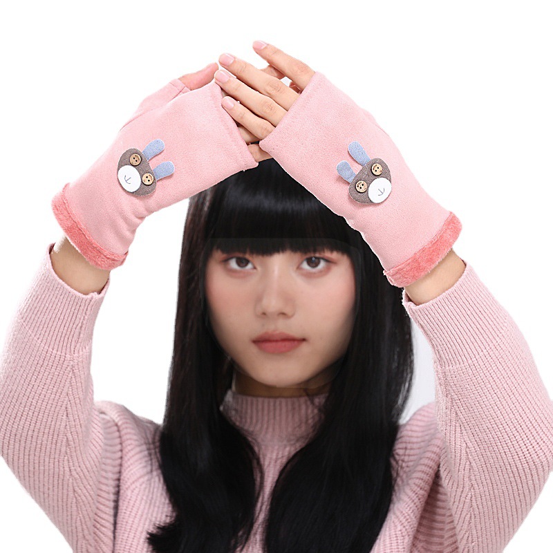 秋冬半指麂皮绒保暖手套女纯色双层韩版手套可爱加绒现货包邮手套