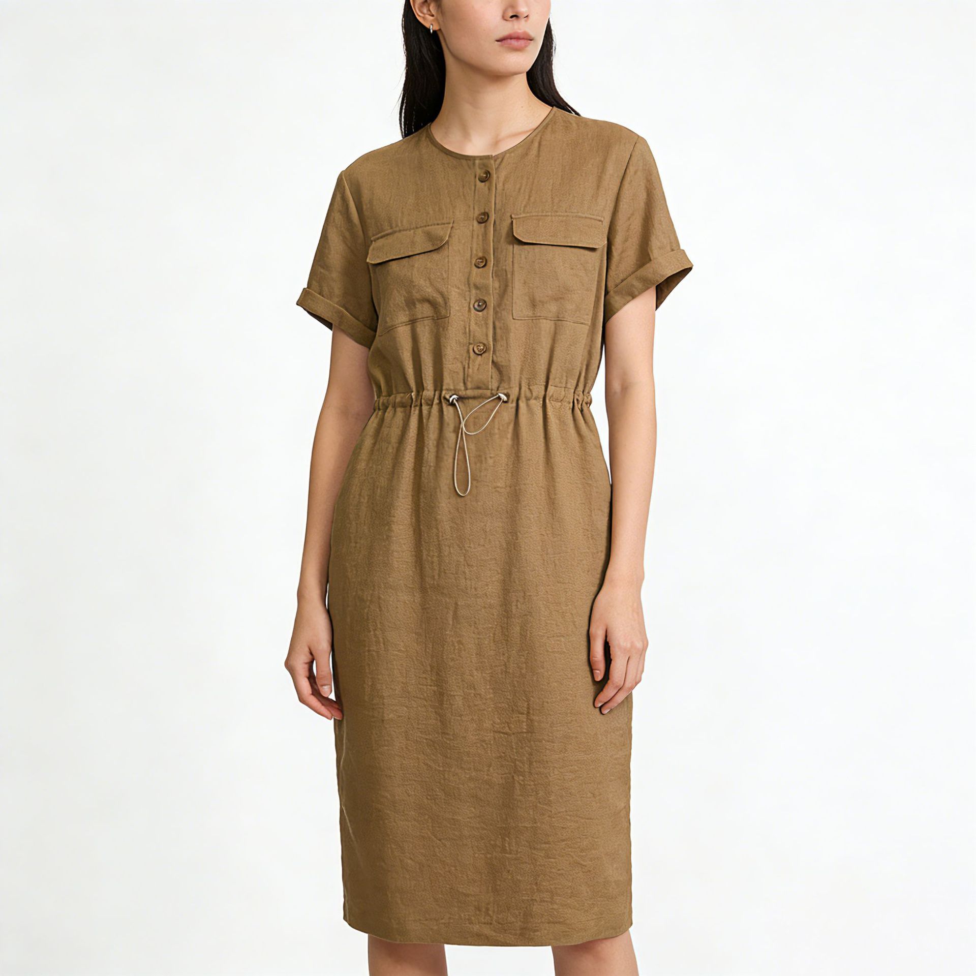 Đầm maxi nữ linen dáng rộng eo rút dây, thiết kế cắt may 3D — màu ô liu xanh chi tiết 5
