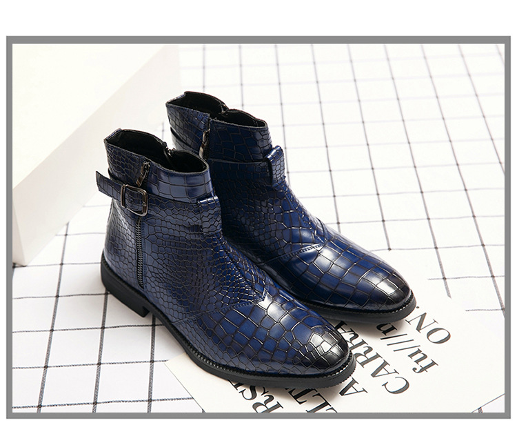 Pointed toe men's leather boots with crocodile pattern leather shoes