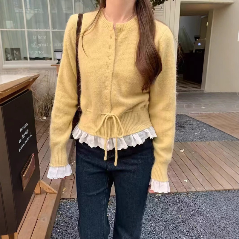 Autumn and Winter New Fake Two-Piece Korean Style Sweet Age-Reducing Lace Waist Lace-Up Sweater Women's Knitted Cardigan Women's Trend