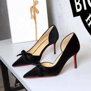 9269-AH135 European and American style sexy red sole thin heel side empty high heels women's bow pointed banquet si