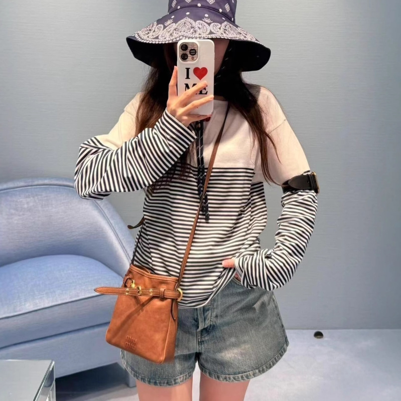 Spring and Autumn New Style Miu Series 607 Square Collar Navy Blue Striped Long-Sleeve T-Shirt, Round Neck Loose Fit Color-Blocking Casual Top T-Shirt