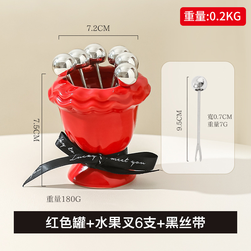 フルーツフォークセット高級感ケーキデザートステンレスフォーク家庭用軽贅沢陶磁器果物サイン収納缶|undefined