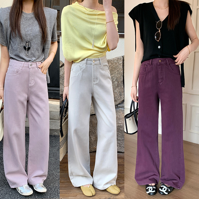 Early Spring New Style Lilac Purple Wide-Leg Jeans for Women, Fashionable High-Waisted Loose Straight Pants